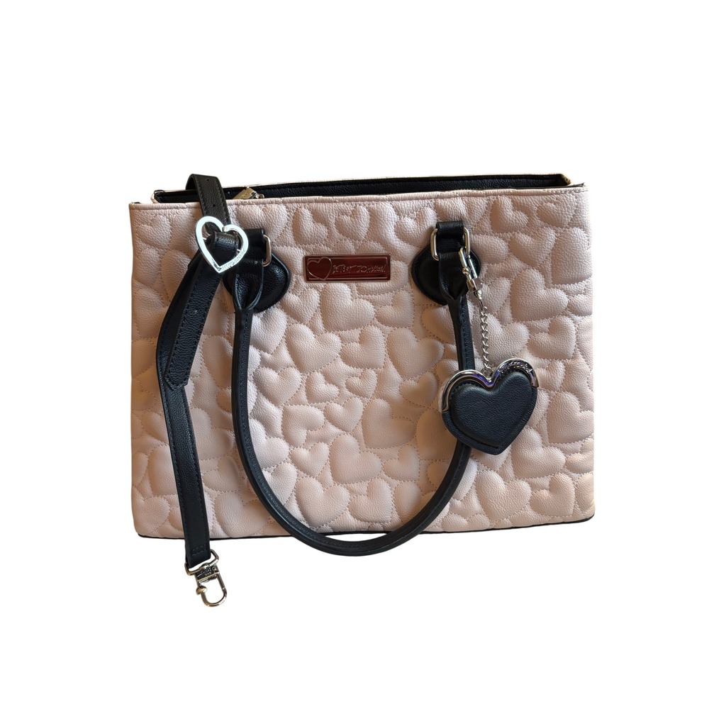 Betsey Johnson Quilted Heart Satchel Bag Pink Black Floral Lining Crossbody